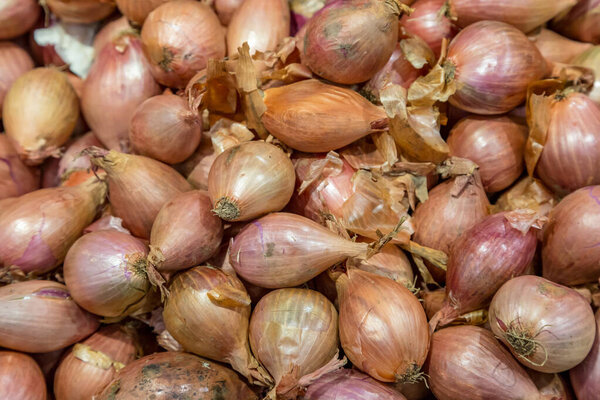 A full frame photograph of a pile of shallots/onions on a market stall