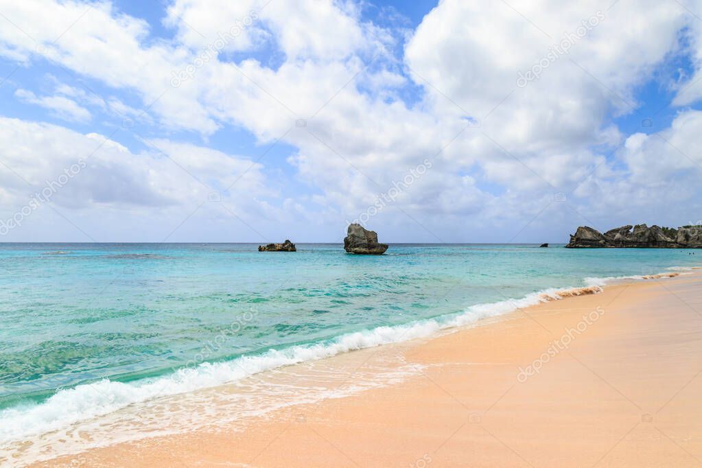 A photograph of a deserted beach on the island of Bermuda