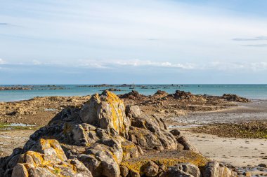 Güneşli bir yaz gününde Jersey adasında kayalık bir kıyı manzarası.