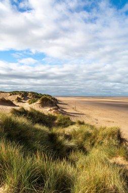 Güneşli bir yaz sabahında Formby 'deki kum tepelerine ve plajlara bakıyorum.