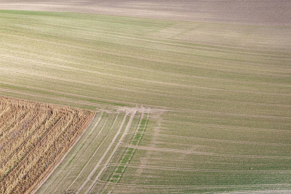 Een Volledige Kaderfoto Die Neerkijkt Patronen Landbouwgrond Een Zonnige Winterdag — Stockfoto
