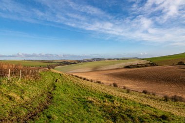 Güneşli bir kış gününde, huzurlu bir Güney Downs manzarası.