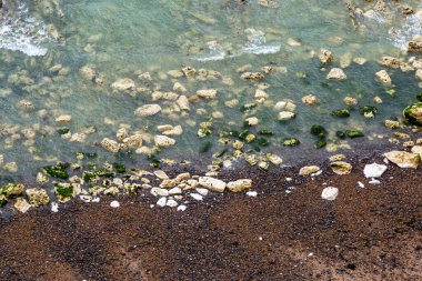 Sussex, Newhaven 'da bir çakıl taşlı plajda kayalık bir kıyı şeridinde uçurumdan aşağı bakıyorum.