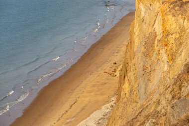 Wight Adası 'ndaki kayalıkların tepesinden kumlu bir sahile bakıyorum.