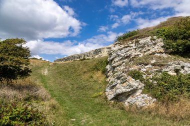 St. Catherines Point yakınlarındaki Wlight Adası 'ndaki kıyı yolunda engebeli bir manzara.