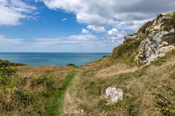 St. Catherines Point yakınlarındaki Wight Adası 'nda denize doğru giden bir patika.