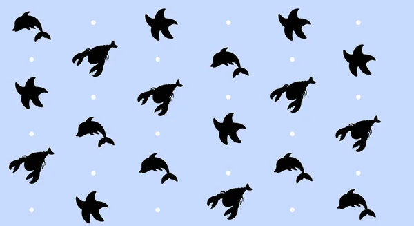 Vector sea animal, dolphin, starfish and lobster pattern with background blue light. Cartoons that swim at the bottom of the sea. Marine vector endless texture