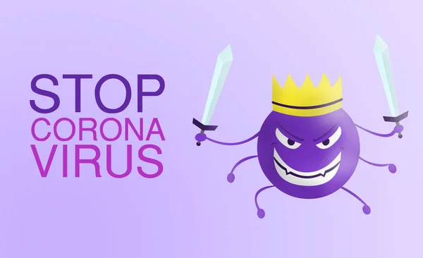 Zastavit Korona Virus Slovo Corona Virus Karikatura Fialová Mečem Izolované — Stock fotografie