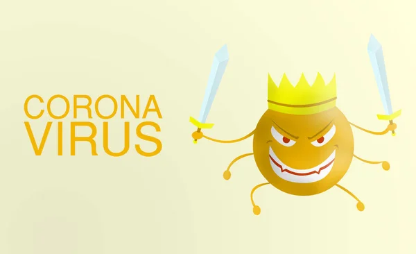 科罗纳病毒 单词科罗纳病毒漫画橙色与剑分离与彩色背景 Covid 病毒的例证 疾病和流行病的坏面孔 — 图库照片