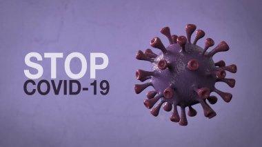 Covid-19 Kelime Corona Virüs Sancağı Violet Renkli Arka plan ile izole edildi. Mikrobiyoloji ve Viroloji Konsepti Covid-19. Virüs pankartı. Hastalık ve Salgın. 3D görüntüleme yüksek kalite