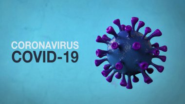 Coronavirus Covid-19 Kelime Corona Virüs Sancak Mavisi Renk Arkaplanı ile izole edilmiş. Mikrobiyoloji ve Viroloji Konsepti Covid-19. Virüs pankartı. Hastalık ve Salgın. 3D görüntüleme yüksek kalite