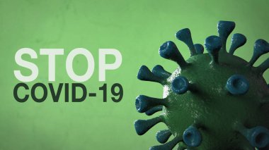 Covid-19 Kelime Corona Virüs Sancak Yeşil Renk Arkaplanı ile izole edildi. Mikrobiyoloji ve Viroloji Konsepti Covid-19. Virüs pankartı. Hastalık ve Salgın. 3D görüntüleme yüksek kalite