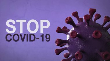 Covid-19 Kelime Corona Virüs Sancağı Violet Renkli Arka plan ile izole edildi. Mikrobiyoloji ve Viroloji Konsepti Covid-19. Virüs pankartı. Hastalık ve Salgın. 3D görüntüleme yüksek kalite