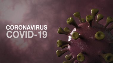 Coronavirus Covid-19 Kelime Corona Virüs Sancak Kırmızı Renk Arkaplanı ile izole edildi. Mikrobiyoloji ve Viroloji Konsepti Covid-19. Virüs pankartı. Hastalık ve Salgın. 3D görüntüleme yüksek kalite