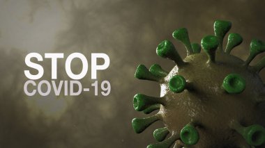 Renk Arkaplanı ile izole edilmiş Corona Virüs Sancağını durdurun. Mikrobiyoloji ve Viroloji Konsepti Covid-19. Virüs pankartı. Hastalık ve Salgın. 3D görüntüleme yüksek kalite