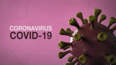 Coronavirus Covid-19 Kelime Corona Virüs Sancak Pembesi Renkli Arka plan ile izole edilmiş. Mikrobiyoloji ve Viroloji Konsepti Covid-19. Virüs pankartı. Hastalık ve Salgın. 3D görüntüleme yüksek kalite