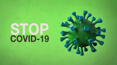 Covid-19 Kelime Corona Virüs Sancak Yeşil Renk Arkaplanı ile izole edildi. Mikrobiyoloji ve Viroloji Konsepti Covid-19. Virüs pankartı. Hastalık ve Salgın. 3D görüntüleme yüksek kalite