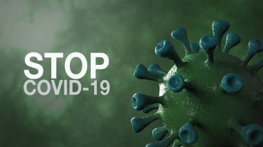 Covid-19 Kelime Corona Virüs Sancak Yeşil Renk Arkaplanı ile izole edildi. Mikrobiyoloji ve Viroloji Konsepti Covid-19. Virüs pankartı. Hastalık ve Salgın. 3D görüntüleme yüksek kalite