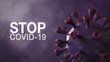 Covid-19 Kelime Corona Virüs Sancağı Violet Renkli Arka plan ile izole edildi. Mikrobiyoloji ve Viroloji Konsepti Covid-19. Virüs pankartı. Hastalık ve Salgın. 3D görüntüleme yüksek kalite