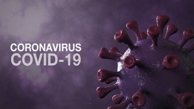 Coronavirus Covid-19 - Corona Virüs Sancak Violet Renkli Arka plan ile izole edildi. Mikrobiyoloji ve Viroloji Konsepti Covid-19. Virüs pankartı. Hastalık ve Salgın. 3D görüntüleme yüksek kalite