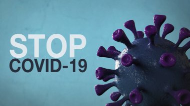 Covid-19 Kelime Corona Virüs Sancak Mavisi Renk Arkaplanı ile izole edildi. Mikrobiyoloji ve Viroloji Konsepti Covid-19. Virüs pankartı. Hastalık ve Salgın. 3D görüntüleme yüksek kalite