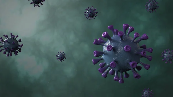 花冠病毒横幅蓝色分离与彩色背景 微生物学和病毒学概念Covid 病毒横幅 疾病和流行病 3D提供高质量 — 图库照片