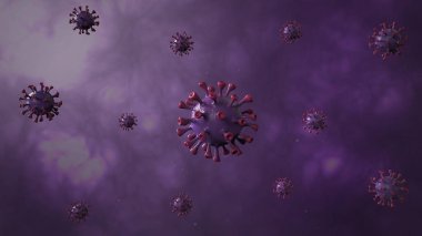 Corona Virüs Sancağı Violet Renkli Arka plan ile izole edildi. Mikrobiyoloji ve Viroloji Konsepti Covid-19. Virüs pankartı. Hastalık ve Salgın. 3D görüntüleme yüksek kalite