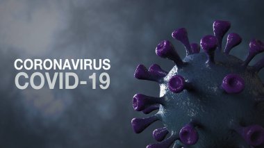 Coronavirus Covid-19 Kelime Corona Virüs Sancak Mavisi Renk Arkaplanı ile izole edilmiş. Mikrobiyoloji ve Viroloji Konsepti Covid-19. Virüs pankartı. Hastalık ve Salgın. 3D görüntüleme yüksek kalite