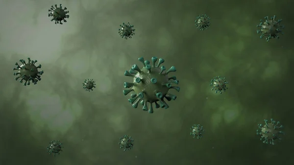 コロナウイルスバナー色背景で隔離された緑 微生物学とウイルス学の概念Covid ウイルスバナー 病気と流行 3Dレンダリング高品質 — ストック写真