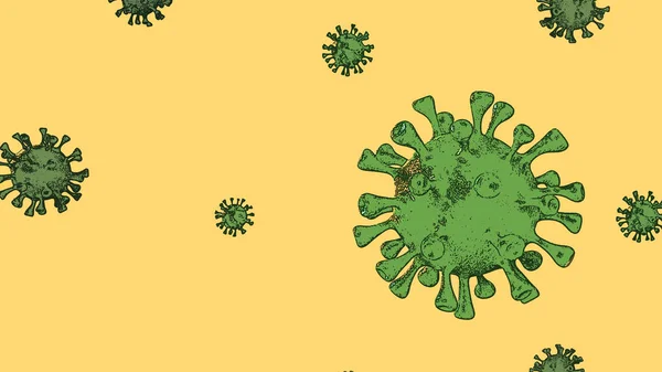 コロナウイルスバナーカラー背景で隔離された黄色の漫画 Covid Microbiology Virology Concept Covid ウイルスバナー 病気と流行 3Dレンダリング高品質 — ストック写真