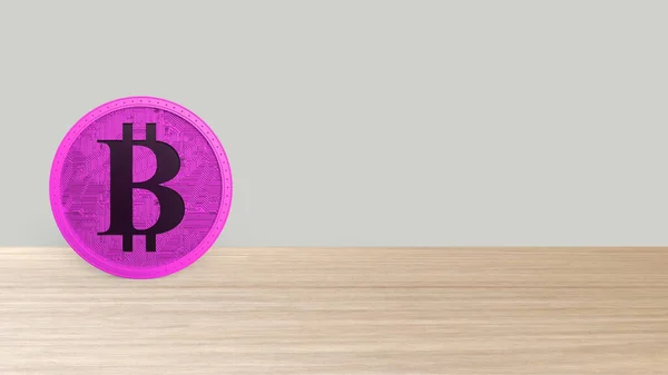 Ahşap Masaya Izole Edilmiş Pembe Bitcoin Altın Sikke Bit Coin — Stok fotoğraf