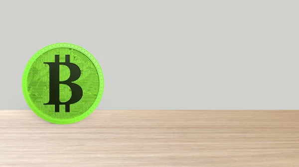 Tahta Masaya Izole Edilmiş Yeşil Bitcoin Altın Sikke Bit Coin — Stok fotoğraf