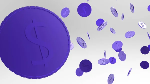 Regen Van Munten Violet Goud Dollar Symbool Een Lichtgrijze Achtergrond — Stockfoto