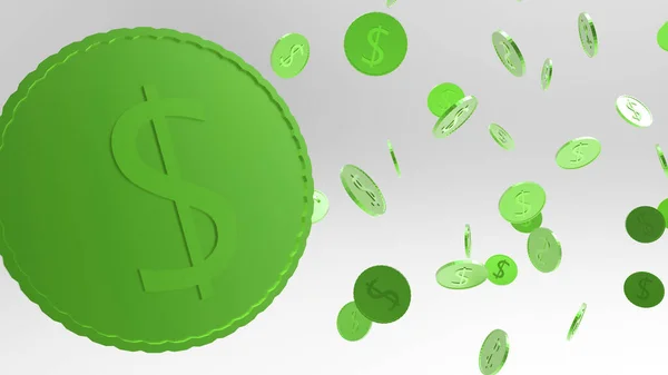 Pluie Pièces Monnaie Vert Symbole Dollar Sur Fond Gris Clair — Photo