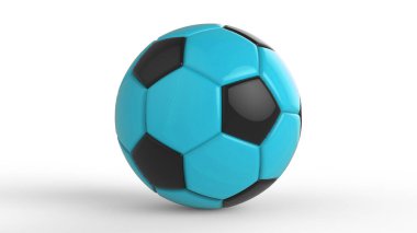 Gök mavisi futbol plastik metal kumaş topu siyah arka planda izole edilmiş. Football 3d yanıltmaca.