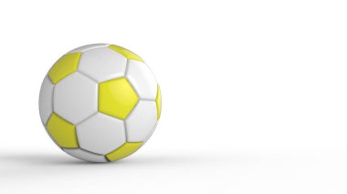 Siyah arka planda izole edilmiş sarı futbol plastik metal kumaş topu. Football 3d yanıltmaca.