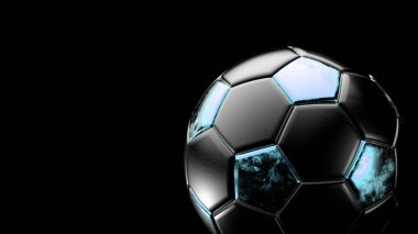 Siyah arka planda izole edilmiş gök mavisi ve siyah futbol topu. Football 3d yanıltmaca.