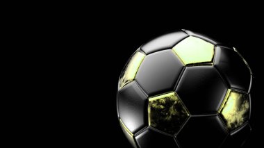 Siyah arka planda izole edilmiş sarı ve siyah futbol topu. Football 3d yanıltmaca.
