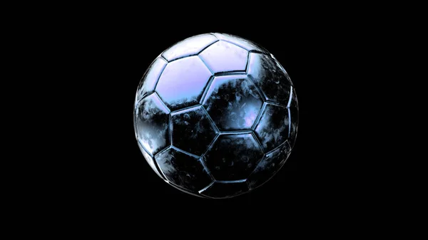 Palla Calcio Metallo Blu Isolato Sfondo Nero Calcio Rendering Illlustrazione — Foto Stock