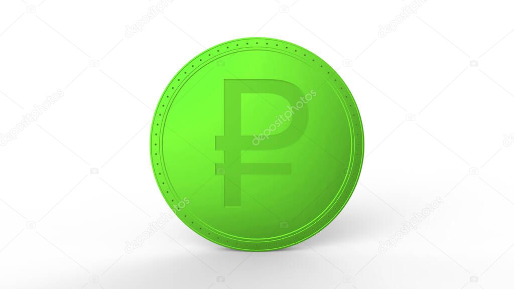Green ruble coin Isolated with white background. 3d render isolated illustration, business, managment, risk, money, cash, growth, banking, bank, finance, symbol.