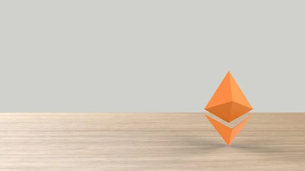 木桌白色背景上的橙色以太金标志图标 3D提供孤立的示例 加密货币 — 图库照片