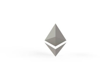 Beyaz zemin ile izole edilmiş gri Ethereum gümüş işaret simgesi. 3D izole resimleme, kripto para, kripto, iş, yönetim, risk, para, para, büyüme, bankacılık, banka, finans, sembol.