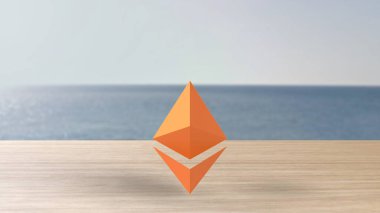 Ahşap masa üzerindeki turuncu Ethereum altın simgesi gökyüzü ile denizi bulanıklaştırıyor. 3D resimleme, kripto para birimi, kripto, iş dünyası, yönetim, risk, para, para, büyüme, bankacılık, banka, finans, sembol.