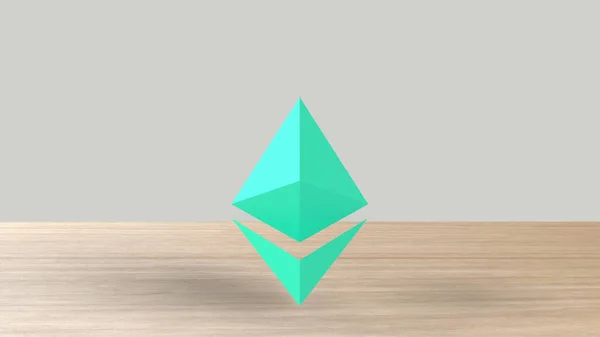 木のテーブルの白い背景にAzure Ethereumの金記号アイコン 3Dレンダリング独立したイラスト 暗号通貨 ビジネス リスク シンボル — ストック写真
