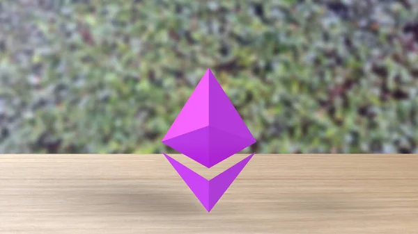 보라색 Ethereum Gold Sign Icon Wood Table Leaves Background 렌더링 — 스톡 사진