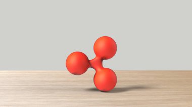 Ahşap masa beyaz zemin üzerinde kırmızı XRP dalgalı altın işaret simgesi. 3D izole resimleme, kripto para, kripto, iş, yönetim, risk, para, büyüme, bankacılık, banka, finans, sembol.