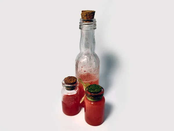 Pociones Con Líquido Rojo Juego Alquimia Con Frascos Botellas Vidrio — Foto de Stock