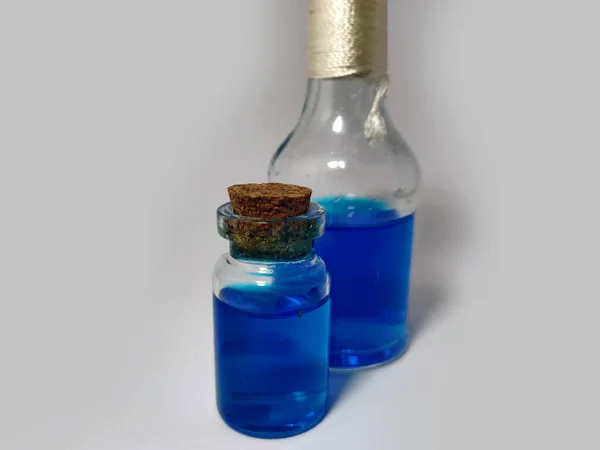 Potions Blue Liquid Mana Alchemy Set Flasks Small Glass Bottles — Stock Photo, Image