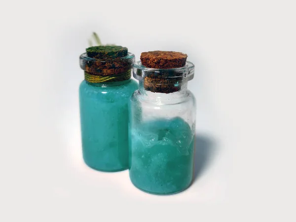 Pociones Con Líquido Azul Juego Alquimia Con Frascos Botellas Vidrio — Foto de Stock