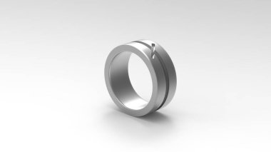 3D çizim, siyah arka planda gri yüzük. Mücevher metal daire şeklinde. Ultraviyole ışınlı boş uzay. Metalik mücevher moda gösterisi sahnesi, soyut karanlık illüstrasyon